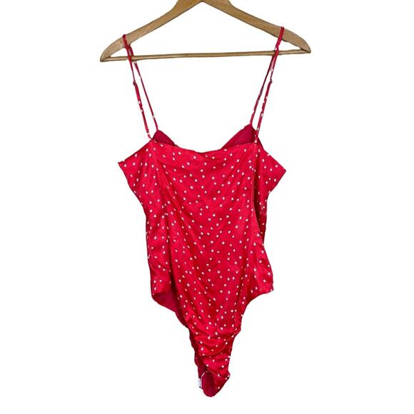 New Zara Red Lace Up Satin Effect Star Print Bodysuit Women's - Picture 6 of 11